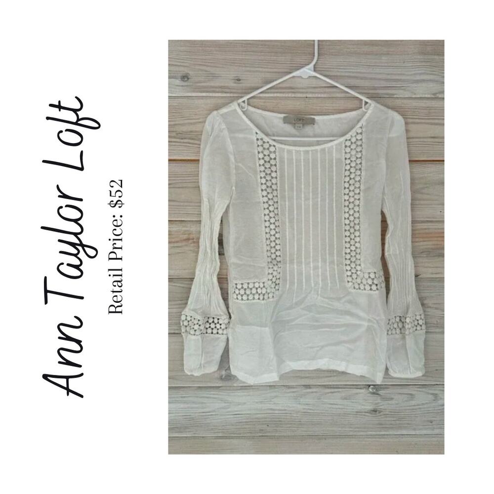 Women’s LOFT White embroidered lace embellished pullover blouse